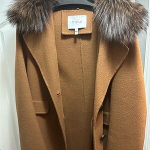 Derek Lam 10 Crosby Camel Wool Cashmere Coat w/ Fox Fur Collar Size 12